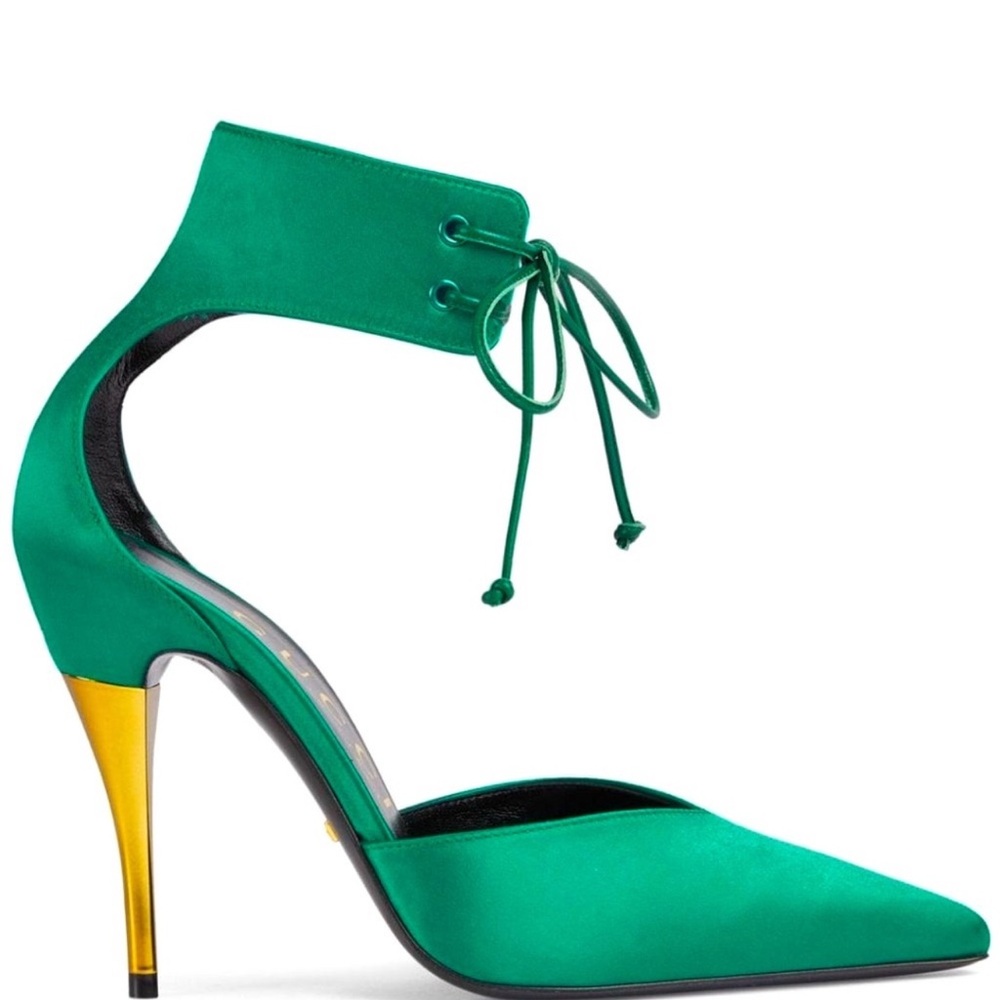 Gucci Elegant Green Ankle Strap Heels with Gold Stiletto